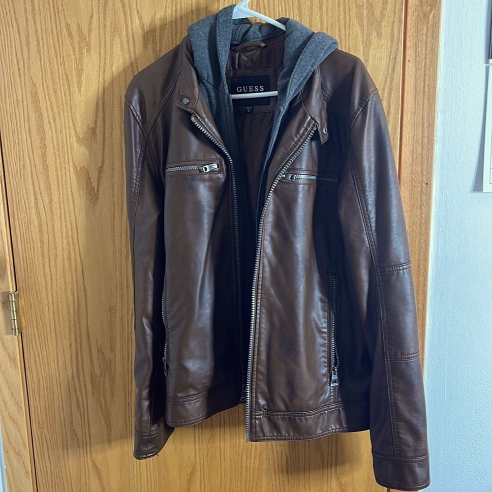 Guess Fuax Leather Jacket Fleece Lined With Hood Brown Gray 

Size Medium